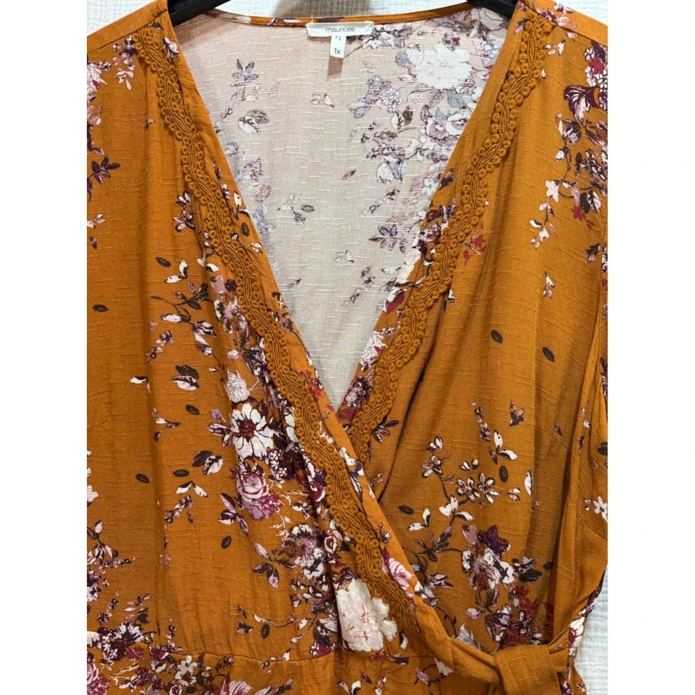 Maurices WrapvTop Womens 1X Rust Floral Peplum Crochet Trim V-Neck Cottagecore - Picture 3 of 12